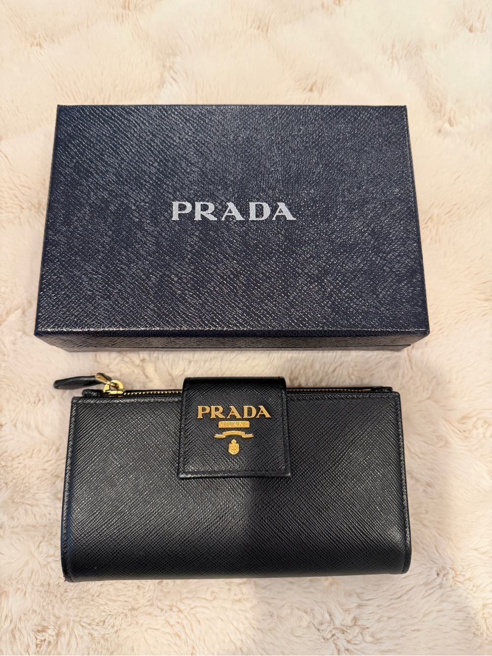 Prada Black Saffiano Leather Card & Key Holder with Gold Logo